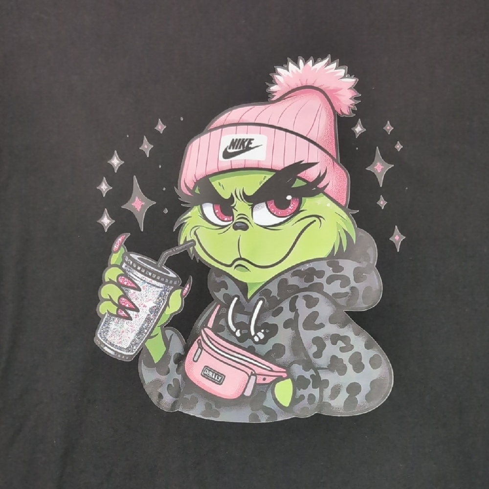 NWOT: Grinch V Neck Tee with Pink and Green Graphic